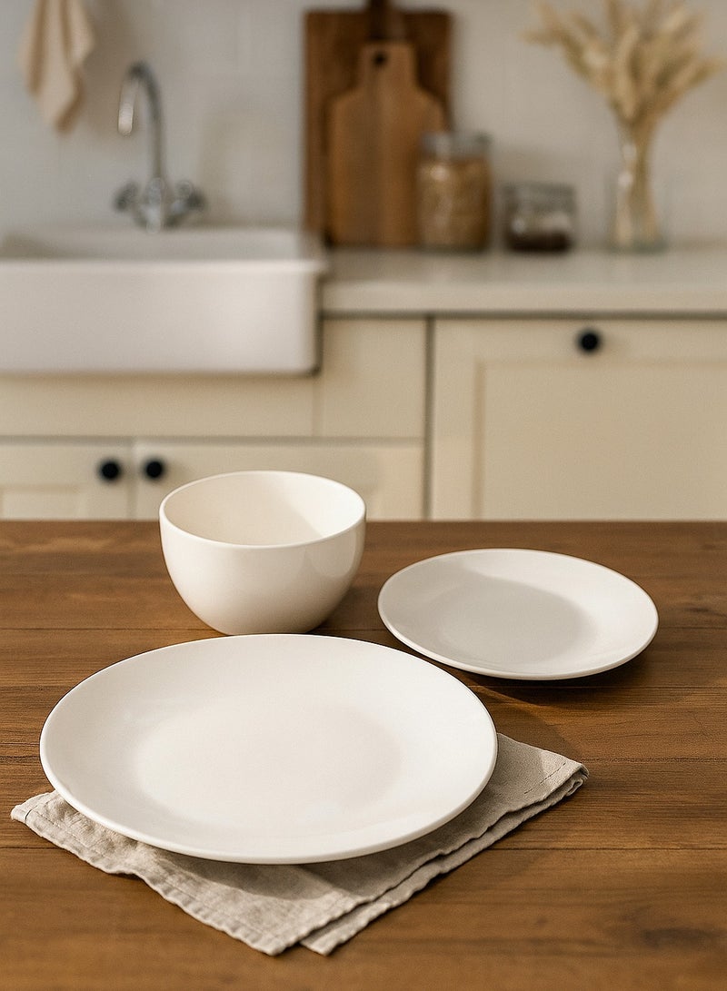 طقم سفرة عشاء بورسلين مكون من 18 قطعة باللون الأبيض؛ 6 صحون عشاء مقاس 10 انش، 6 صحون جانبية مقاس 7.5 انش، 6 زبديات مقاس 5.5 انش - Image 1