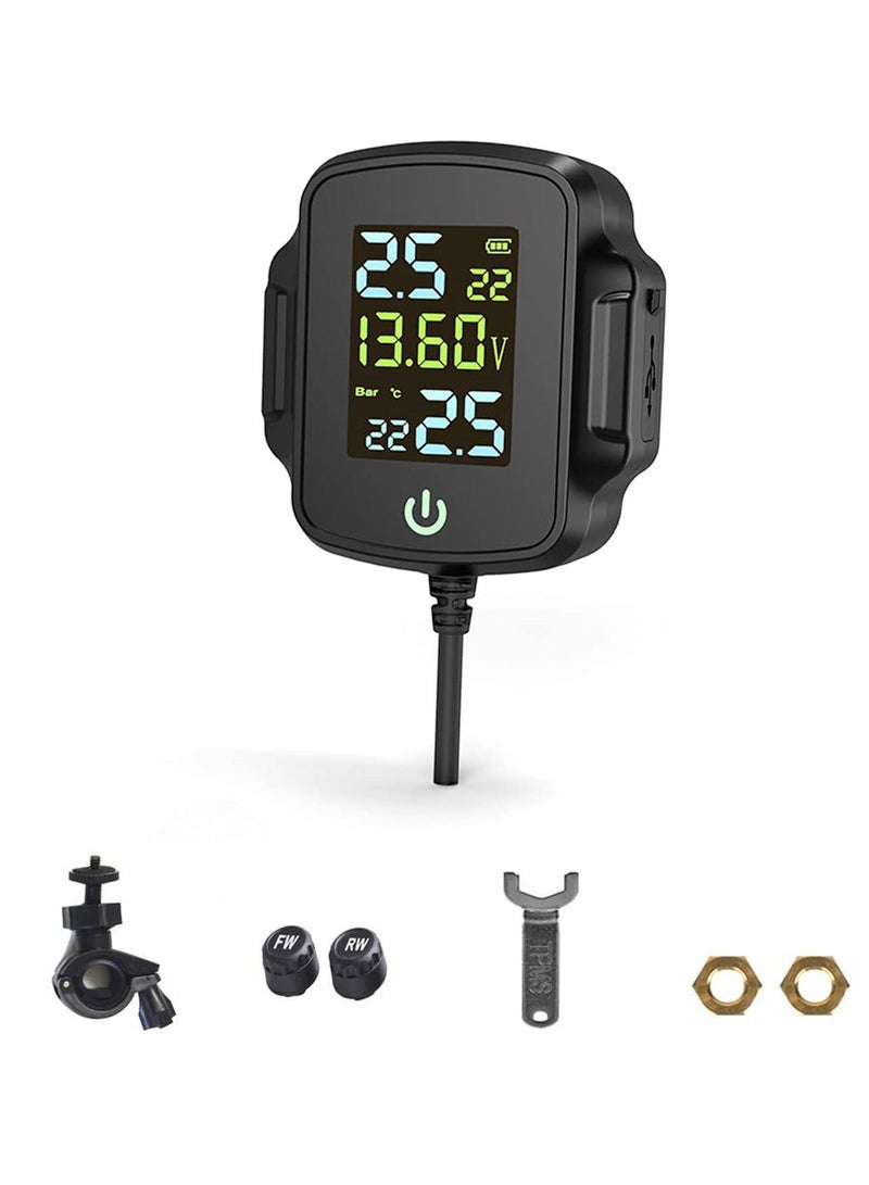 SYOSI Wireless Motorcycle Tire Pressure Monitoring System, with Voltage and USB Charging, TPMS 2 External Sensors Digital LCD Display, IP67 Waterproof Real-Time - Image 1