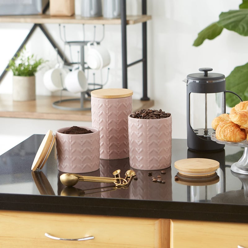 DII Kitchen Accessories Collection, Textured Matte Ceramic Canister Set, Pale Mauve, Vine, 3 Piece - Image 4