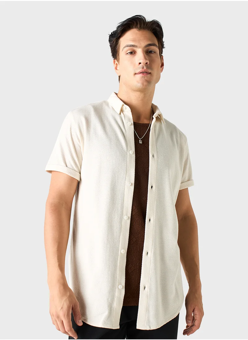 ايكونيك Iconic Textured Shirt with Spread Collar and Short