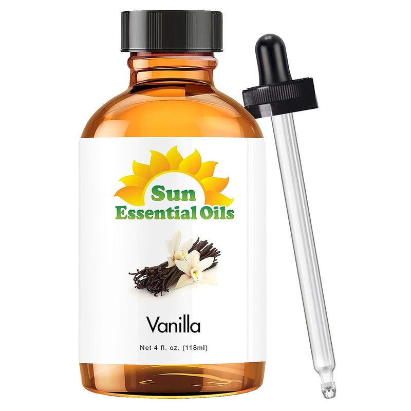 Sun Essential Oils Vanilla Essential Oil 4 oz with Dropper for Diffuser Skin Hair Humidifier Aromatherapy Massage Scent for Candle Lotion Soap Making Room Freshener
