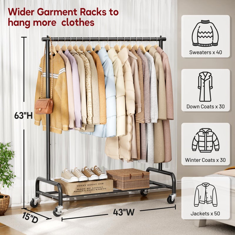 SLEEPING LAMB Heavy Duty Clothing Racks for Hanging Clothes Rack, 43" Wide Rolling Garment Rack Metal Clothing Hanger Rack with Wheels Wardrobe Rack for Coats, Shirts, Dress, (Black) - Image 2