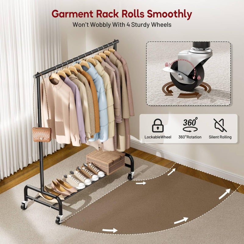 SLEEPING LAMB Heavy Duty Clothing Racks for Hanging Clothes Rack, 43" Wide Rolling Garment Rack Metal Clothing Hanger Rack with Wheels Wardrobe Rack for Coats, Shirts, Dress, (Black) - Image 4