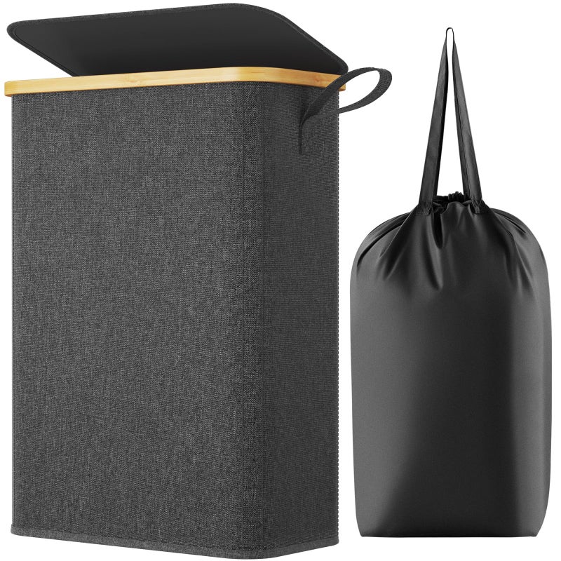 Lifewit 50L Slim Laundry Hamper with Lid Narrow Laundry Basket with Removable Bag  Bamboo Handles Fodable Thin Dirty Clothes Hamper for Laundry Collapsible Bin for Bathroom Bedroom Dorm Dark Grey