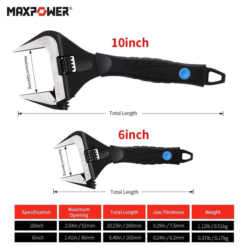 MAXPOWER Stubby Adjustable Wrench Deep Jaw Wide Opening, 6-Inch and 10-Inch Plumbing Wrench Set with Kitbag - Image 3