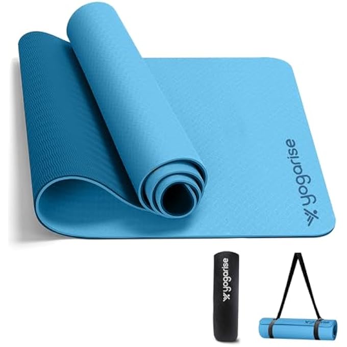 YOGARISE حصيرة يوغا مزدوجة بسماكة 6 مم مع حقيبة وحزام، حصيرة يوغا للنساء والرجال، حصيرة يوغا سميكة إضافية من مادة TPE الممتازة للتمارين، اليوغا، اللياقة البدنية، حصيرة مضادة للانزلاق (أزرق فاتح وغامق) - Image 2