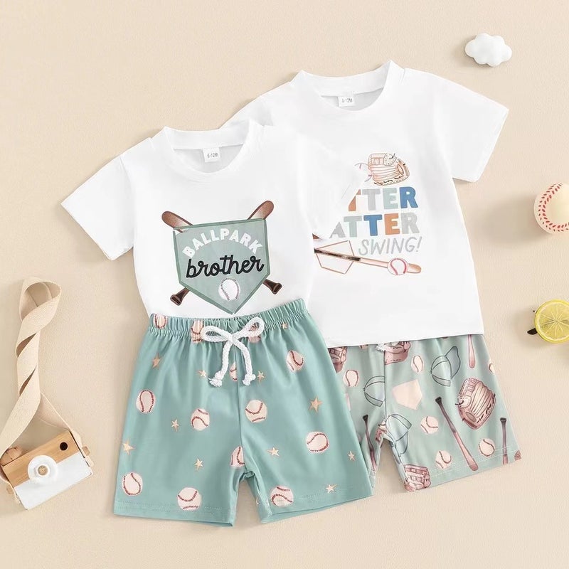 Foreign trade children''s clothing a generation of sports style baseball printed short sleeve jacket boxer shorts two-piece set - Image 2