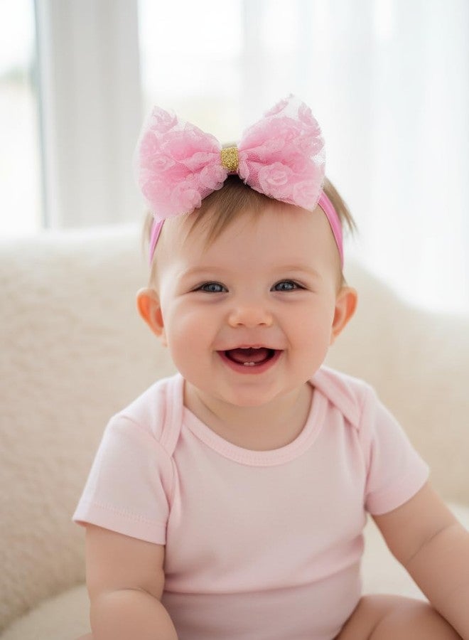 Fairytale Soft Stretchable Elastic Floral Bow Headband for Girls, Lace with Gold Accent Kids Girls Hair Accessories. (Pink) - Image 1