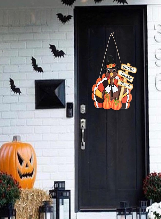 Egolot Fall Thanksgiving Turkey Welcome Wooden Sign for Front Door with Pumpkins, Thanksgiving Grateful Thankful Blessed Turkey Sign for Indoor Outdoor, Thankful Hanging Sign - Image 5
