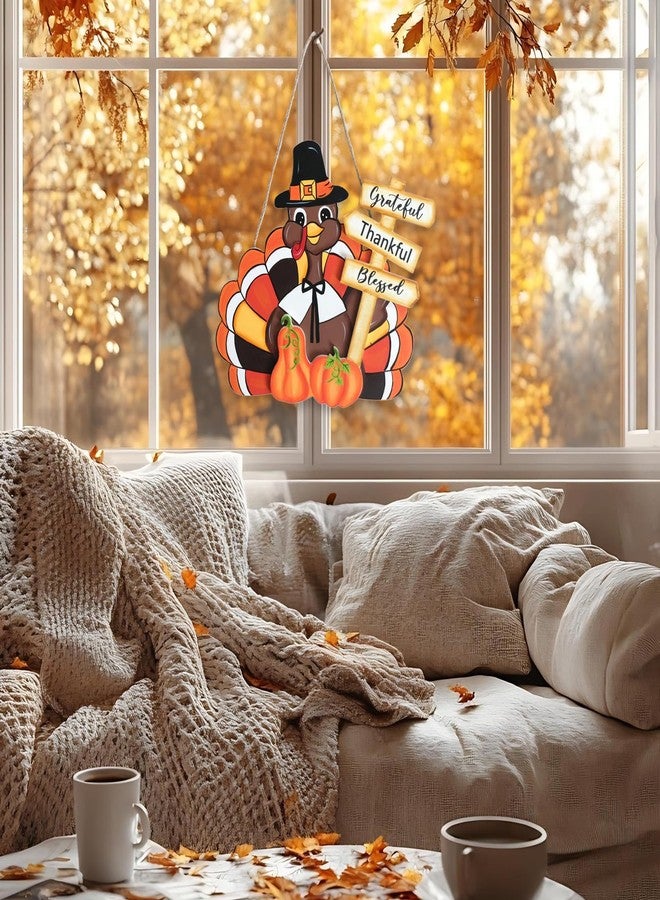 Egolot Fall Thanksgiving Turkey Welcome Wooden Sign for Front Door with Pumpkins, Thanksgiving Grateful Thankful Blessed Turkey Sign for Indoor Outdoor, Thankful Hanging Sign - Image 3