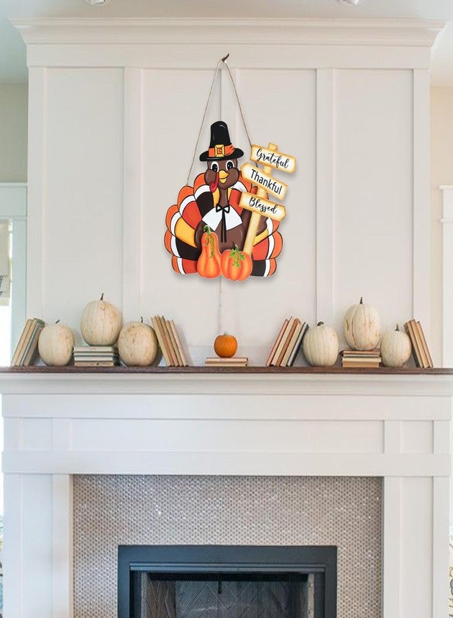 Egolot Fall Thanksgiving Turkey Welcome Wooden Sign for Front Door with Pumpkins, Thanksgiving Grateful Thankful Blessed Turkey Sign for Indoor Outdoor, Thankful Hanging Sign - Image 4