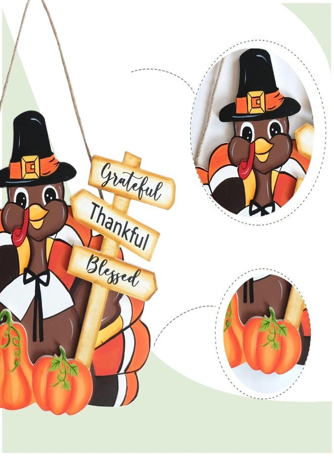 Egolot Fall Thanksgiving Turkey Welcome Wooden Sign for Front Door with Pumpkins, Thanksgiving Grateful Thankful Blessed Turkey Sign for Indoor Outdoor, Thankful Hanging Sign - Image 2