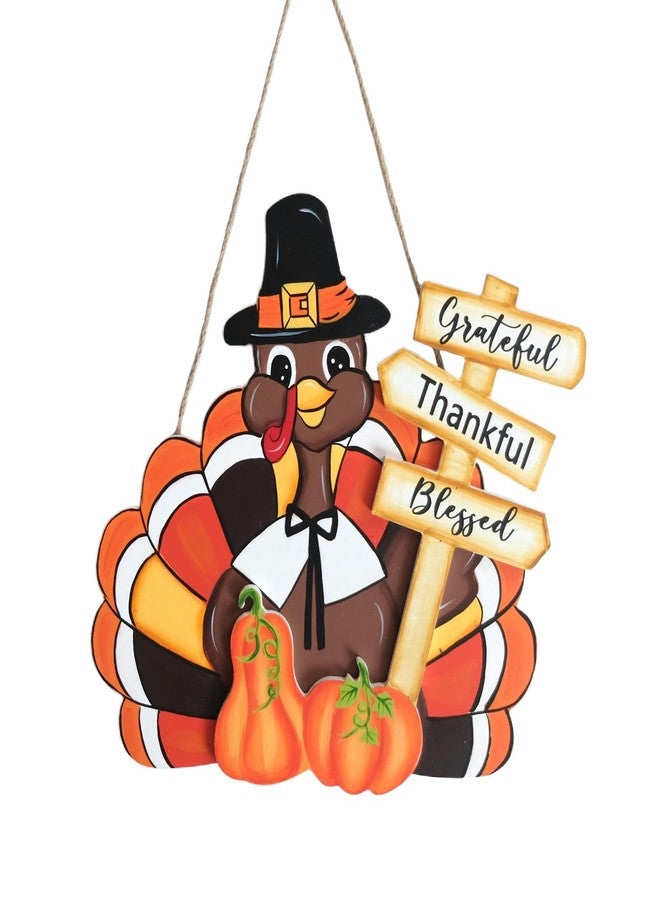 Egolot Fall Thanksgiving Turkey Welcome Wooden Sign for Front Door with Pumpkins, Thanksgiving Grateful Thankful Blessed Turkey Sign for Indoor Outdoor, Thankful Hanging Sign - Image 1