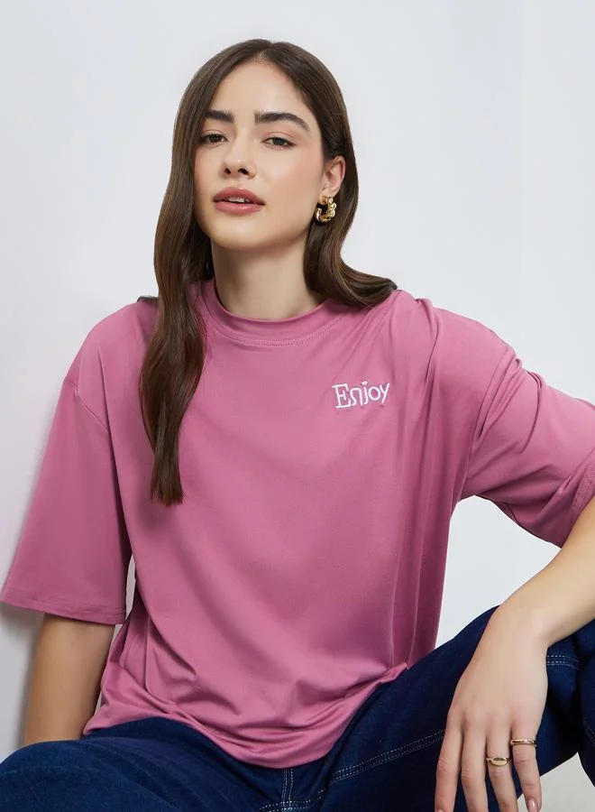 Styli Pink Embroidered Slogan Oversized T-Shirt