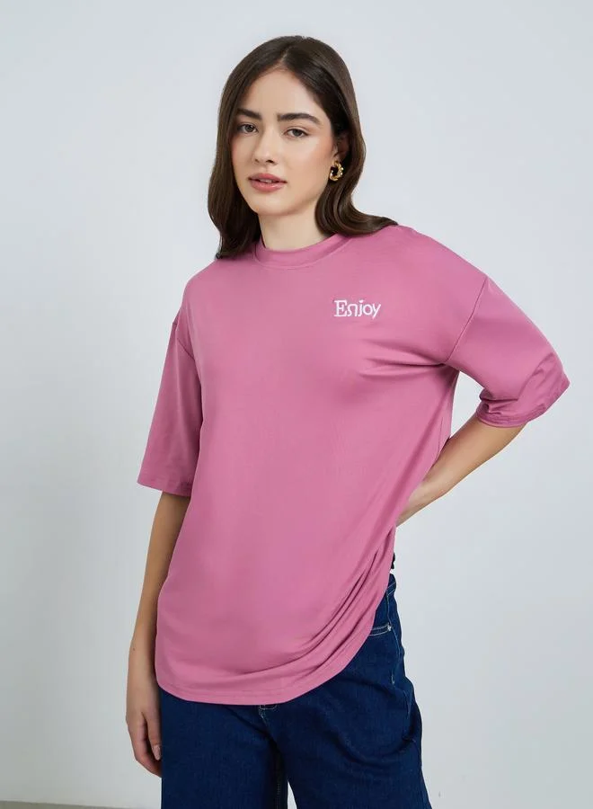 Styli Pink Embroidered Slogan Oversized T-Shirt
