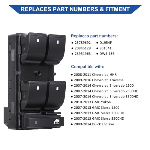 AiYiGu Driver Side Power Master Window Switch, Compatible with Chevy Silverado/Chevrolet Traverse/HHR / 2007-2013 GMC Sierra 1500 2500HD 3500HD / Yukon/Buick Enclave Replace OE 25789692 20945129 - Image 4