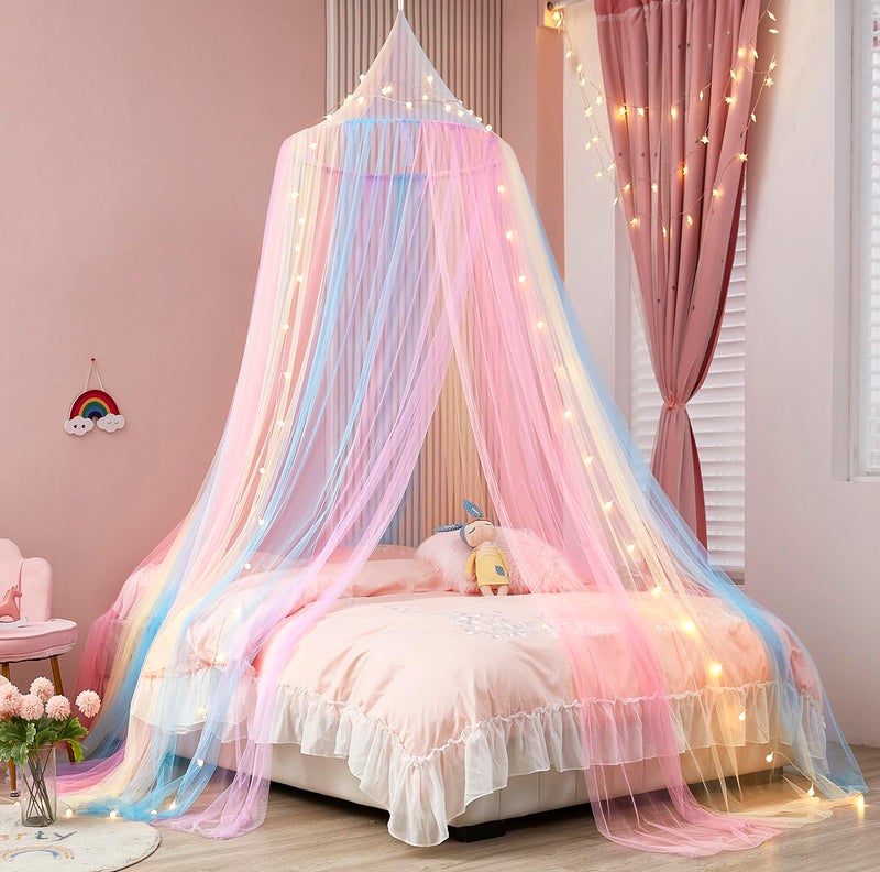Rainbow Bed Canopy with Lights  Mosquito Netting for Twin Single Full Queen  King Size Beds  Decor for Girls Rooms