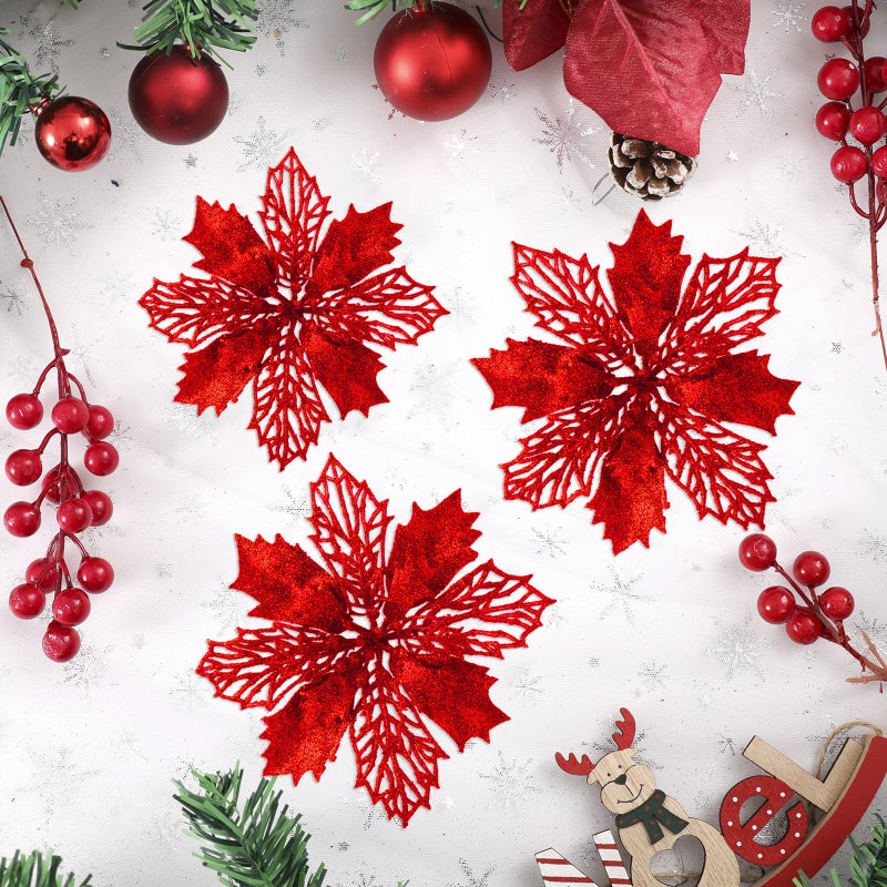 Wironlst 16 Pcs Glitter Poinsettia Flowers Artificial - Christmas Red Poinsettia Decorations Tree Flowers Ornaments for Xmas/Holiday/Seasonal/Wedding Decor - Image 3