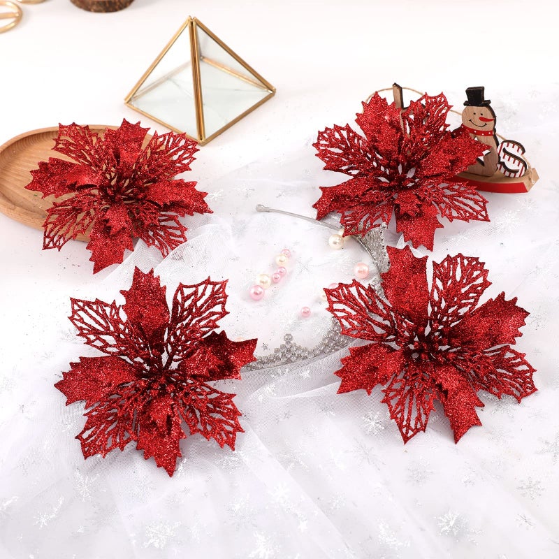 Wironlst 16 Pcs Glitter Poinsettia Flowers Artificial - Christmas Red Poinsettia Decorations Tree Flowers Ornaments for Xmas/Holiday/Seasonal/Wedding Decor - Image 5