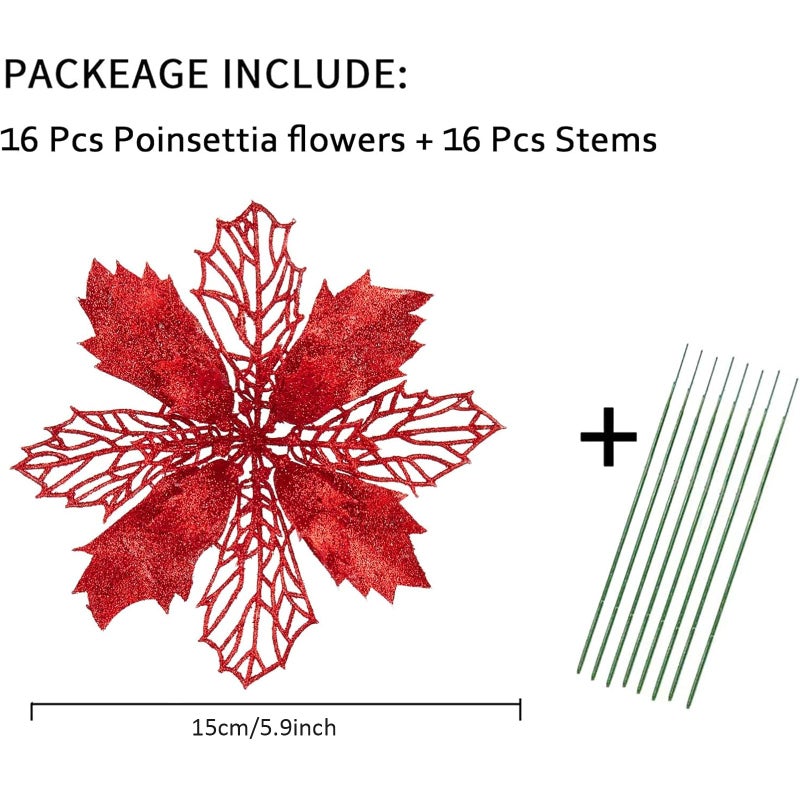 Wironlst 16 Pcs Glitter Poinsettia Flowers Artificial - Christmas Red Poinsettia Decorations Tree Flowers Ornaments for Xmas/Holiday/Seasonal/Wedding Decor - Image 2