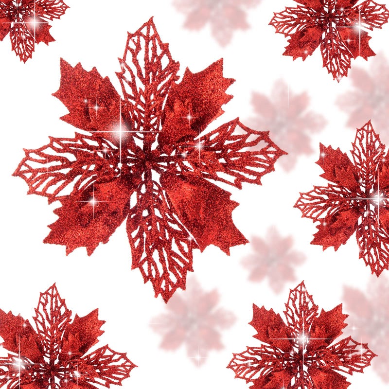 Wironlst 16 Pcs Glitter Poinsettia Flowers Artificial - Christmas Red Poinsettia Decorations Tree Flowers Ornaments for Xmas/Holiday/Seasonal/Wedding Decor - Image 1