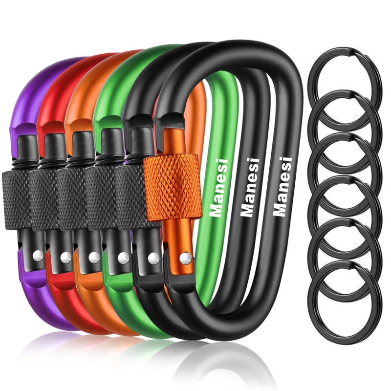 Manesi 6 Pack Aluminum D Ring Key Rings Hiking Clips Locking Carabiner for Hiking Camping Fishing and Outdoor Useï¼ŒClips with Screw Gate Multicolored (6 Color) - Image 1