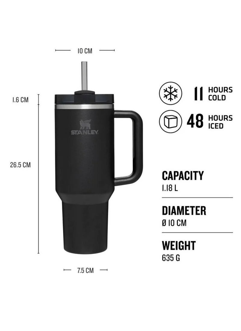 Quencher H2.0 FlowState Vacuum Insulated Tumbler – 40 oz Black Stainless Steel Travel Mug with Leakproof Lid & Reusable Straw – Double-Walled Thermal Insulation – Keeps Drinks Hot for 7 Hours & Cold for 24 Hours – Durable, Portable, BPA-Free, Ideal for Coffee, Water, Smoothies, Iced Tea & On-the-Go Hydration
