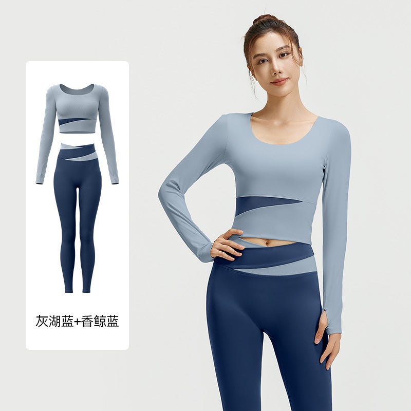 Generic Seamless Yoga Suit Slimming Stretch Fitness Outfit Grey Lake Blue Long Sleeve + Fragrant Whale Blue Trousers