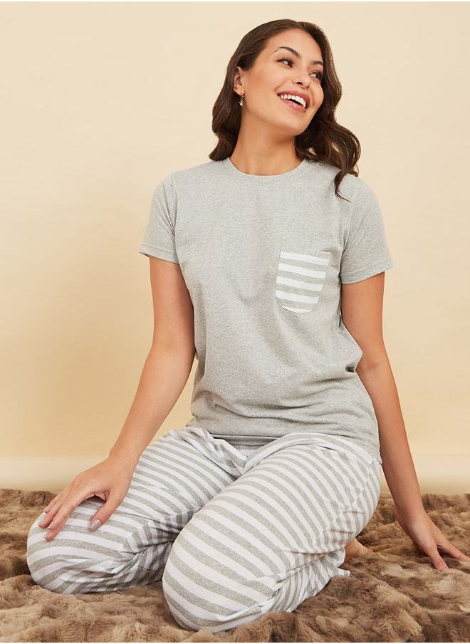 Styli Striped Pocket T-Shirt & Pyjama Set  - Image 1