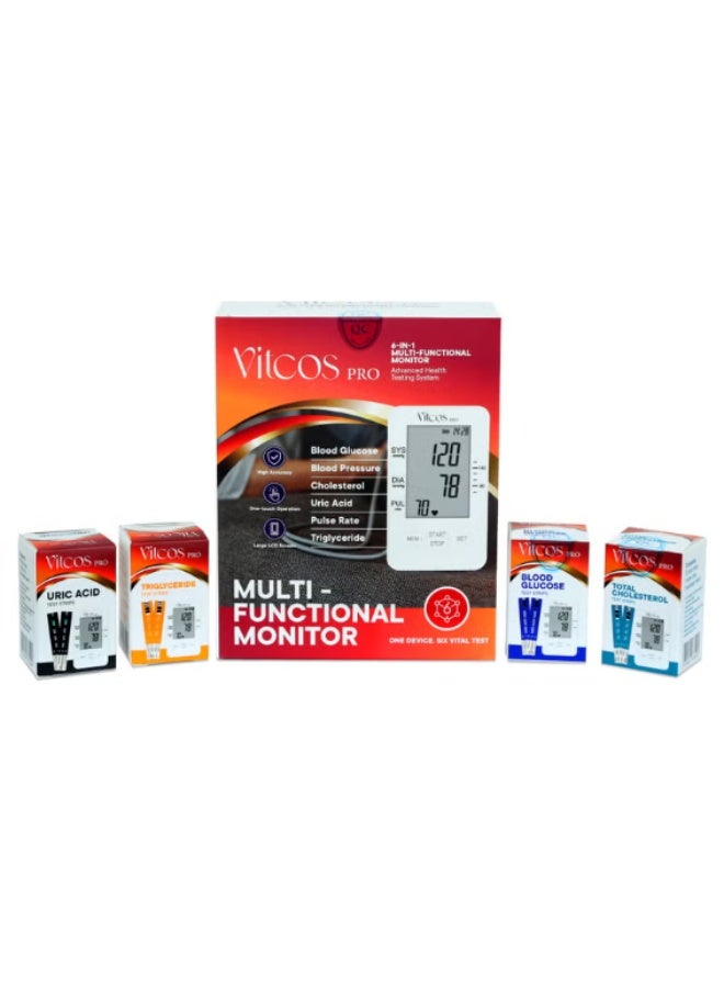 جهاز VITCOS PRO متعدد الوظائف للتحليل + شرائط فحص الكوليسترول (10) + شرائط فحص حمض اليوريك (10) + شرائط فحص الدهون الثلاثية (10) + شرائط فحص الجلوكوز (10)