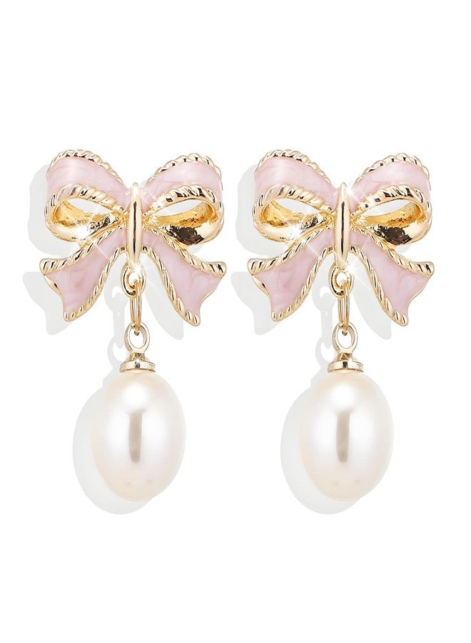 Dcfywl731 Pink Bow Earrings for Women Cute Stuff Bow Pearl Drop Earrings Jewelry Wedding Party Accessories Valentines Day Gifts for Her - Image 1