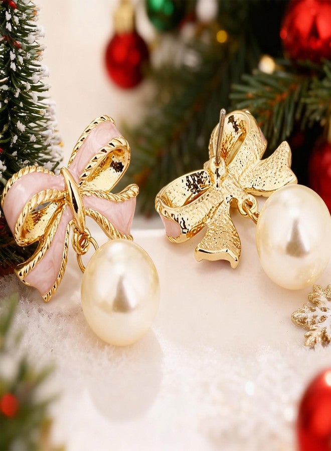 Dcfywl731 Pink Bow Earrings for Women Cute Stuff Bow Pearl Drop Earrings Jewelry Wedding Party Accessories Valentines Day Gifts for Her - Image 5