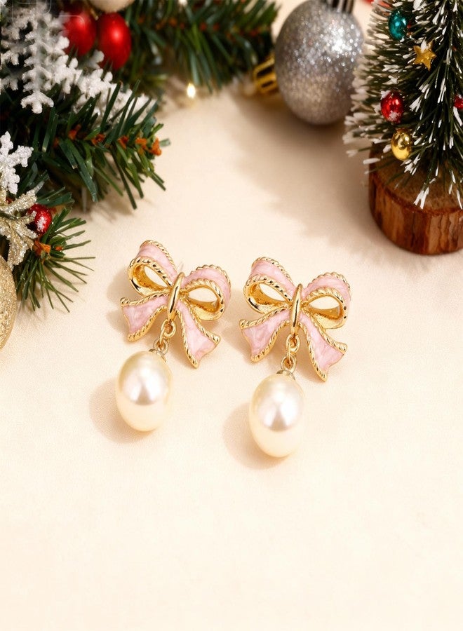 Dcfywl731 Pink Bow Earrings for Women Cute Stuff Bow Pearl Drop Earrings Jewelry Wedding Party Accessories Valentines Day Gifts for Her - Image 4