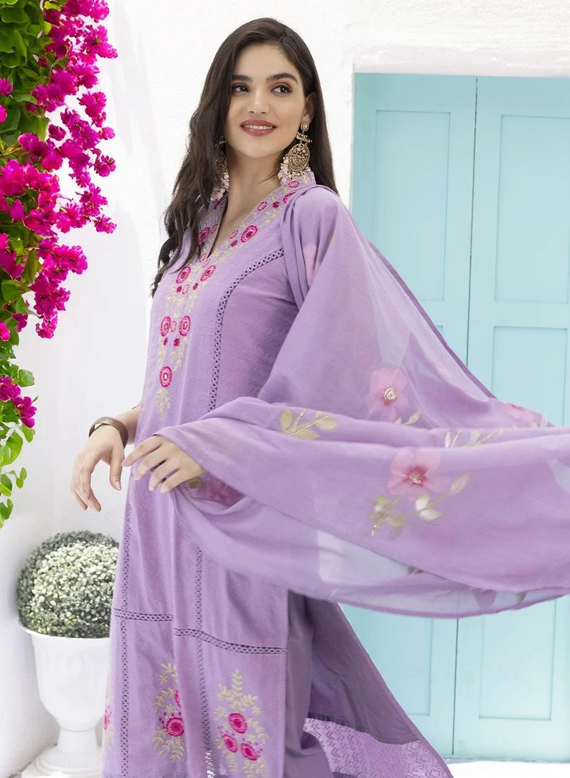ISHIN Purple Floral Embroidered Schiffli Pure Cotton Kurta With Trousers & Dupatta