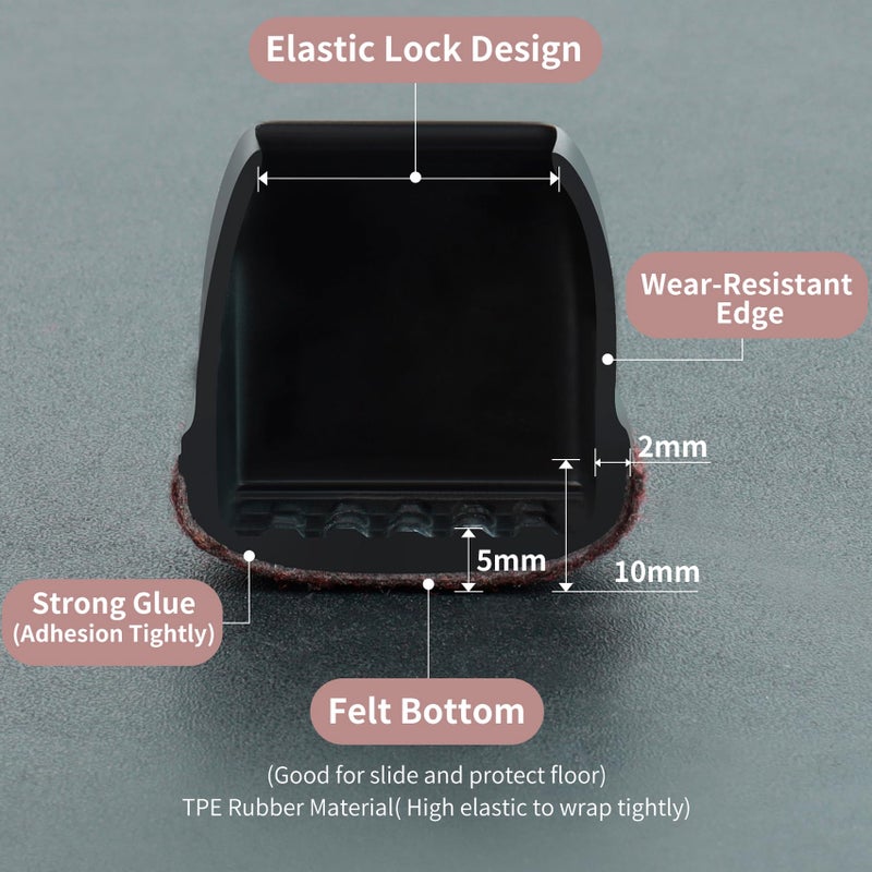 GAGUIUP 16Pcs Square Chair Leg Floor Protectors  Felt Furniture Pads For Hardwood Floors  Black Silicone Chair Covers  Large Floor Protectors For Furniture Legs  No Scratches And Noise(Fit:1""-1.4"") - Image 3