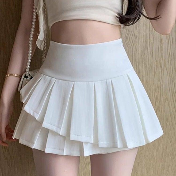 White Irregular Pleated Skirt Short Skirt Women'S Summer American Girl High Waist Anti-Glare Slimming Suit Skirt - Image 3