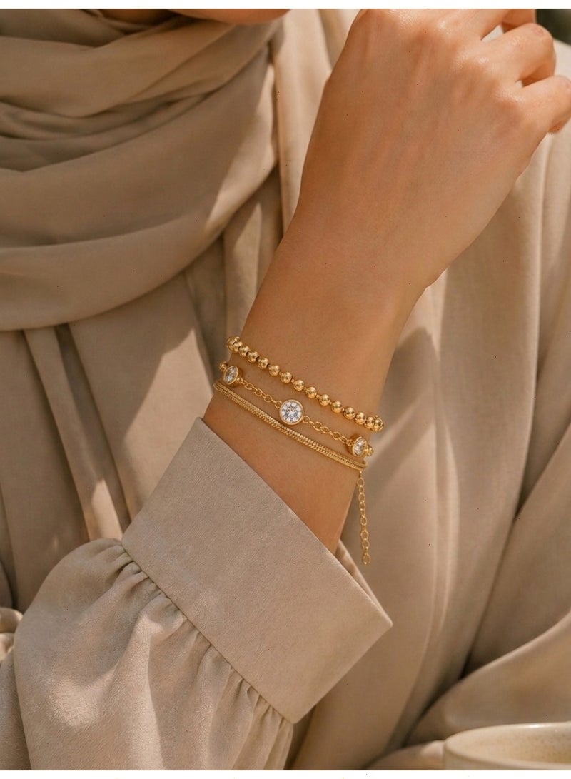 18K Gold Plated Bracelet for Ladies & Women, Stainless Steel Layered Snake Beaded Multi-Chain Bracelet & Bangles for Girls with Crystal Accent, Unisex Jewelry Gift for Men - Image 2