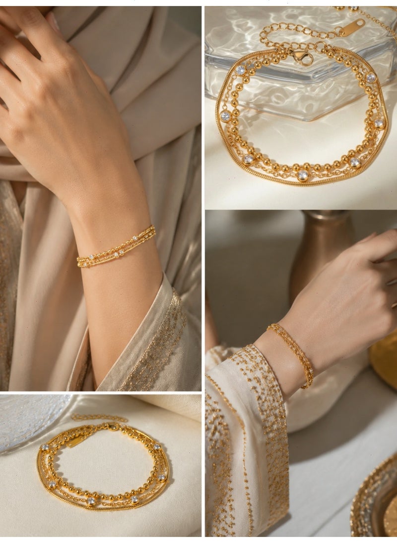 18K Gold Plated Bracelet for Ladies & Women, Stainless Steel Layered Snake Beaded Multi-Chain Bracelet & Bangles for Girls with Crystal Accent, Unisex Jewelry Gift for Men - Image 4