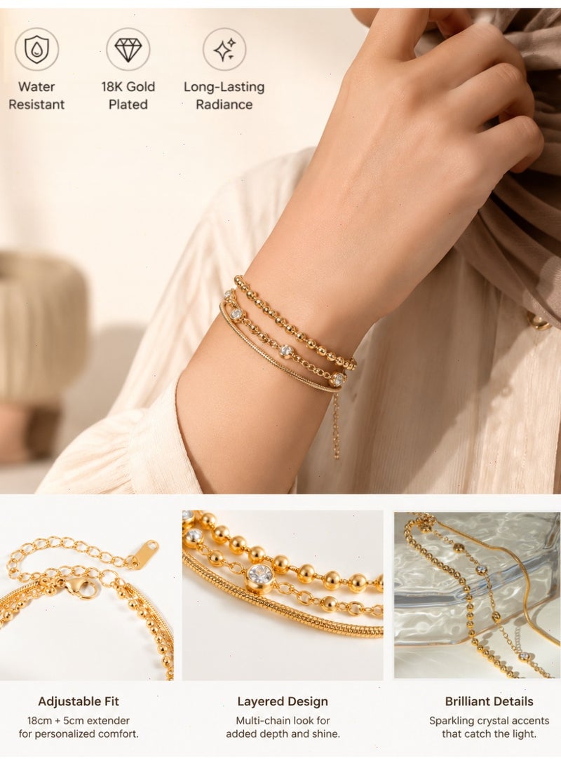 18K Gold Plated Bracelet for Ladies & Women, Stainless Steel Layered Snake Beaded Multi-Chain Bracelet & Bangles for Girls with Crystal Accent, Unisex Jewelry Gift for Men - Image 1