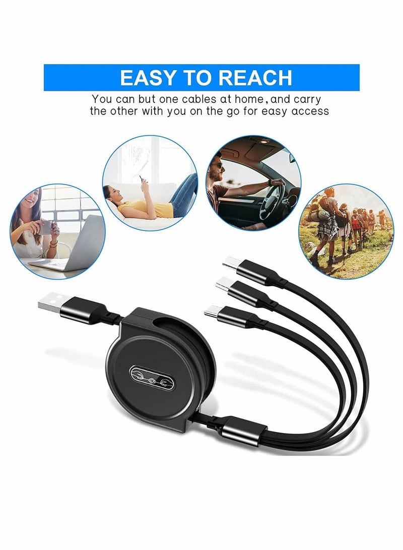 Y&D Multi Retractable Charging Charger Cable 3A, 4FT, Universal 3 in 1 Short Multiple USB Cord Adapter, with IP Type-C, Micro Port Connectors, for Cell Phones Tablets and More, 2Pack - Image 2