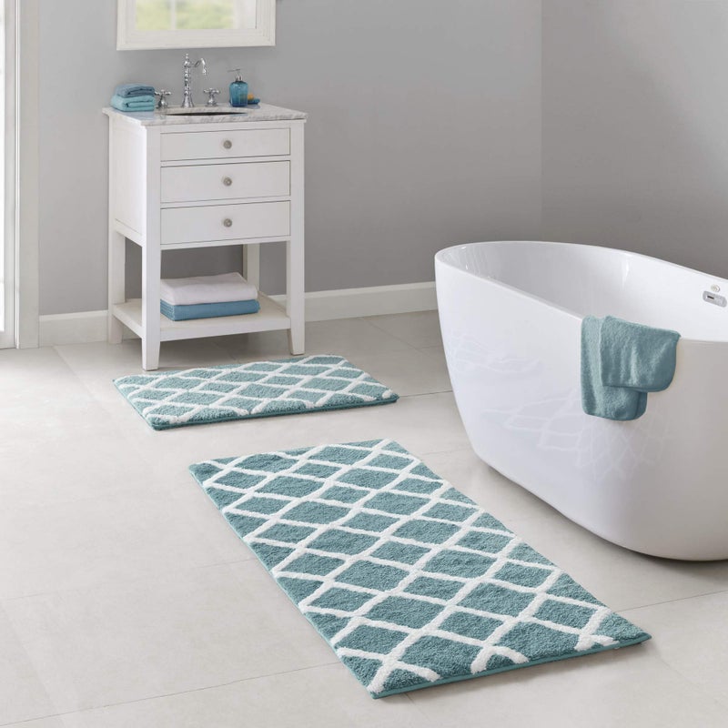 Madison Park Bittman Reversible Bathroom Rug  High Pile Luxrurious Tufted Plush Bath Mat Absorbent Quick Dry Geometric Design Shower Room Dcor 21x34 Aqua