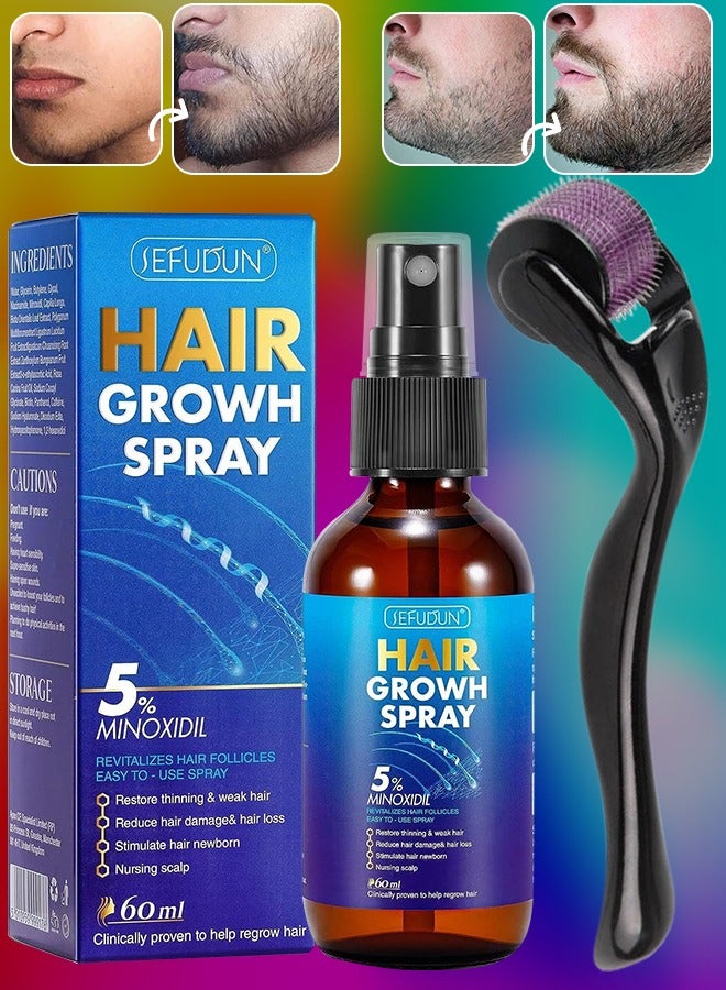 Sefudun 60Ml Hair Growth Spray with Roller 5% Minoxidil Beard Growth Oil with Biotin and Collagen Stronger Thicker Smoother and Healthier Beard Growth Serum Beard Loss regrowth Treatment Beard Growth Spray for Men - Image 1