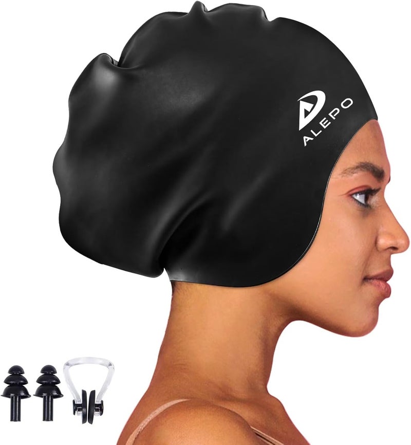 Alepo Extra Large Swim Cap for Women Men, Durable Silicone Swimming Hat with Ear Protection, Unisex Adults Bath Swimming Caps for Long Thick Curly Hair & Dreadlocks Braids Weaves Afro Hair - Image 1