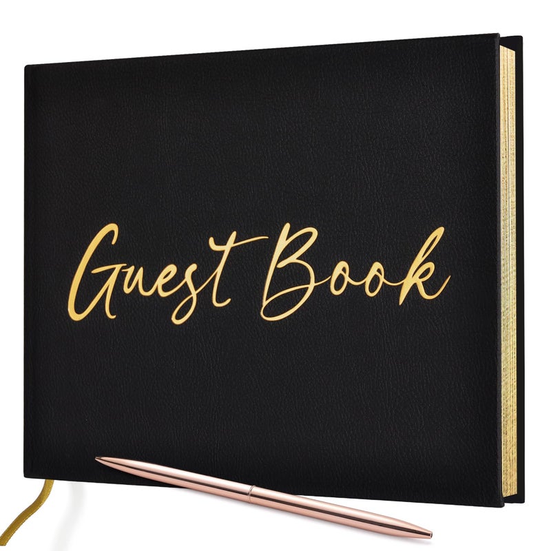 JUBTIC Black Guest Book for Funeral Guest Sign in Book for ReceptionWeddingBaby Shower Birthday Bridal Shower Graduation Party100 Pages with Gilded Edges and Gold Foiled Cover  7x10