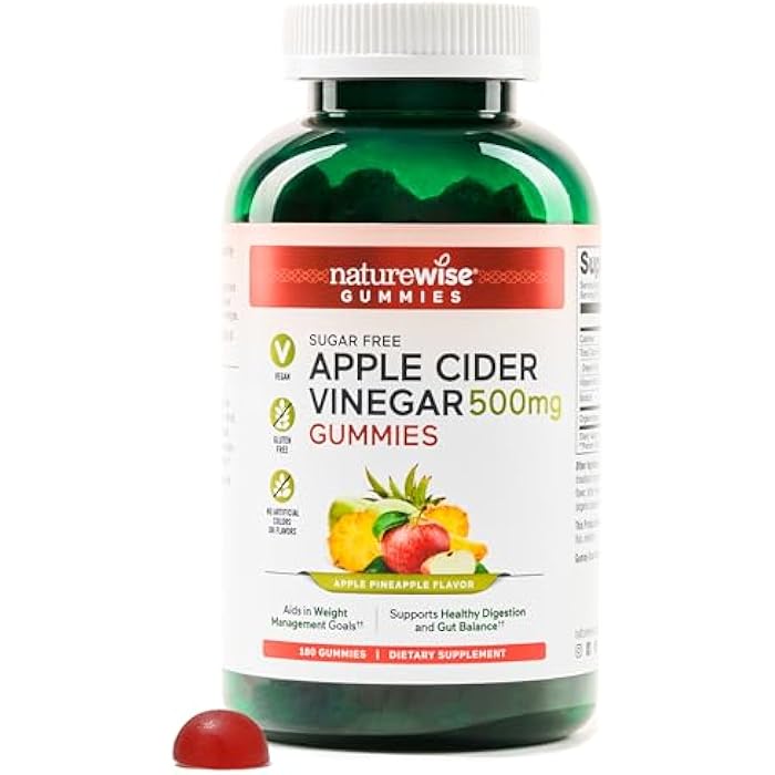 NatureWise Apple Cider Vinegar ACV Gummies - 1000mg ACV per 2, Sugar Free, Vegan - Energy & Gut Health - ACV Gummies W/Vitamin B12-180 Gummies[3-Month Supply for 1000mg / 6-Month Supply for 500mg] - Image 1