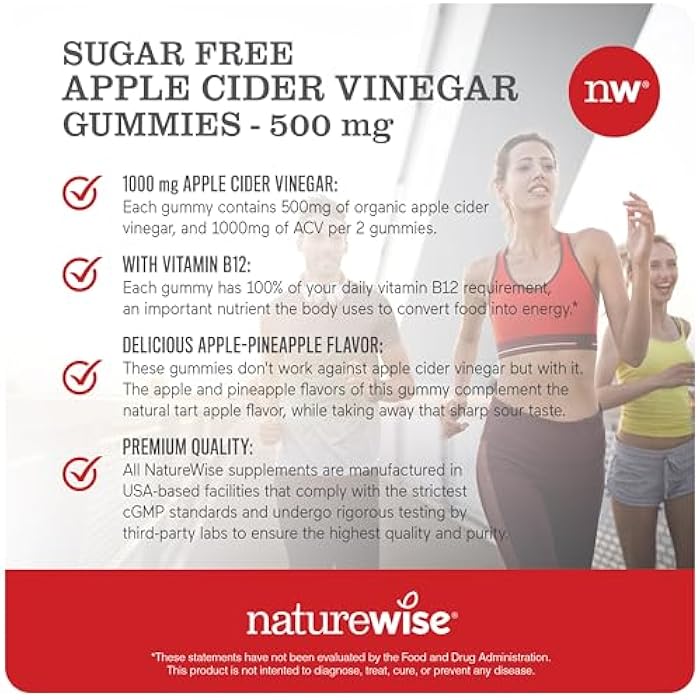 NatureWise Apple Cider Vinegar ACV Gummies - 1000mg ACV per 2, Sugar Free, Vegan - Energy & Gut Health - ACV Gummies W/Vitamin B12-180 Gummies[3-Month Supply for 1000mg / 6-Month Supply for 500mg] - Image 4