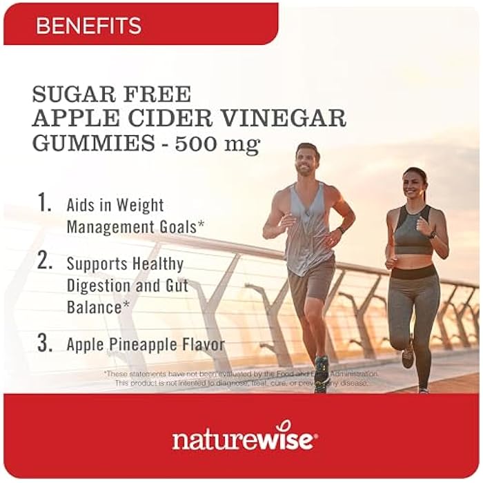 NatureWise Apple Cider Vinegar ACV Gummies - 1000mg ACV per 2, Sugar Free, Vegan - Energy & Gut Health - ACV Gummies W/Vitamin B12-180 Gummies[3-Month Supply for 1000mg / 6-Month Supply for 500mg] - Image 2