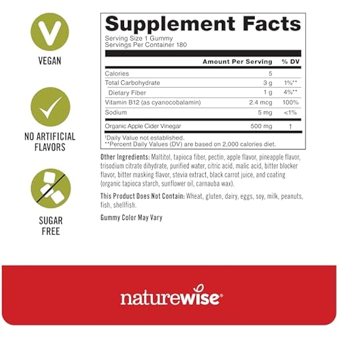NatureWise Apple Cider Vinegar ACV Gummies - 1000mg ACV per 2, Sugar Free, Vegan - Energy & Gut Health - ACV Gummies W/Vitamin B12-180 Gummies[3-Month Supply for 1000mg / 6-Month Supply for 500mg] - Image 3