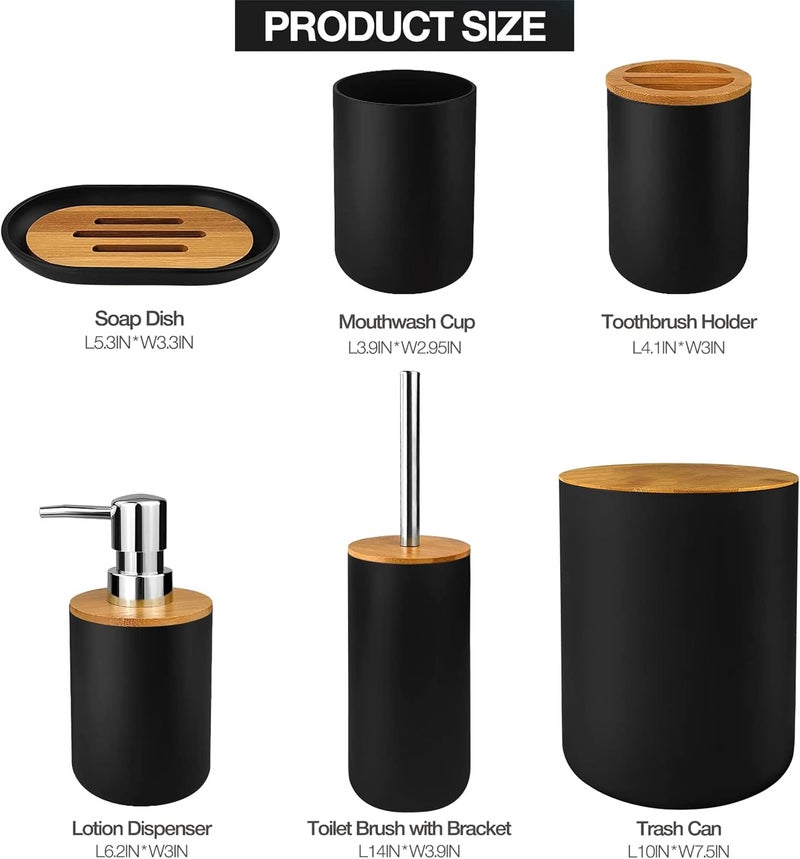 Mimelon 6-pcs Bathroom Accessory Set Bamboo Black Bathroom Set Includes Toothbrush Cup & Holder, Soap Dispenser, Soap Dish, Durable Toilet Brush with Holder - Modern Trash Can (BLACK) - Image 2
