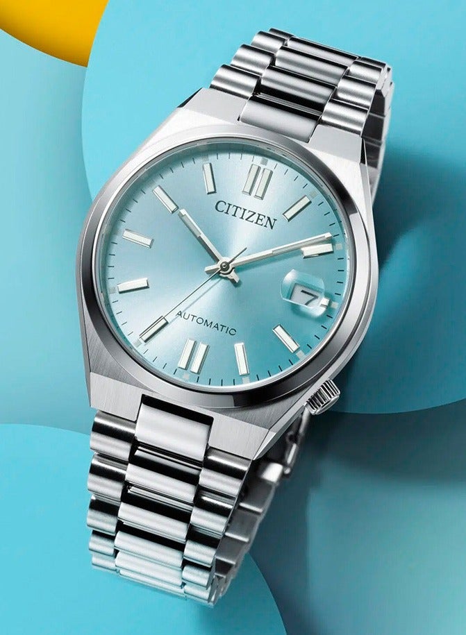 CITIZEN ساعة أوتوماتيكية من الفولاذ المقاوم للصدأ تسويزا 37 مم NJ0200-50L مع قرص أزرق جليدي وكريستال ياقوتي - إصدار 2025 - Image 1